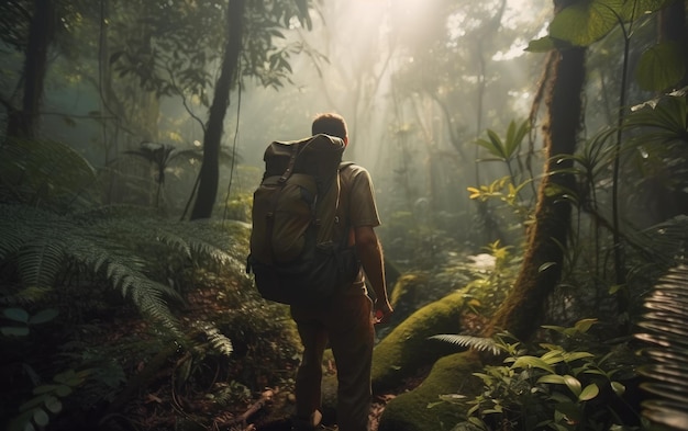 Um homem com uma mochila caminha pela selva viajante da floresta tropical caminhando aventura ao ar livre gerada por ai