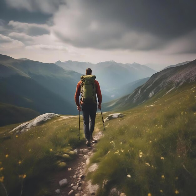 um homem com uma mochila caminha por um caminho com montanhas ao fundo