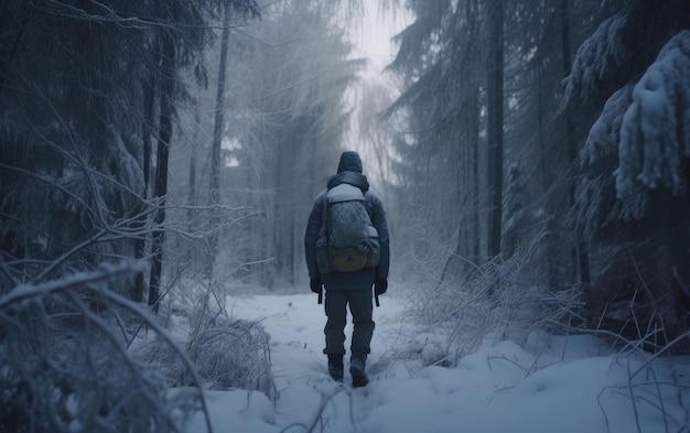 Um homem com uma mochila caminha por um viajante da floresta nevada caminhando aventura ao ar livre gerada por ai