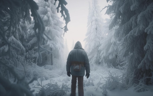 Um homem com uma mochila caminha por um viajante da floresta nevada caminhando aventura ao ar livre gerada por ai