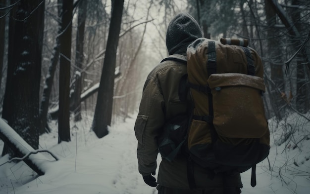 Um homem com uma mochila caminha por um viajante da floresta nevada caminhando aventura ao ar livre gerada por ai