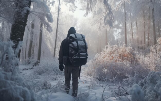 Um homem com uma mochila caminha por um viajante da floresta nevada caminhando aventura ao ar livre gerada por ai