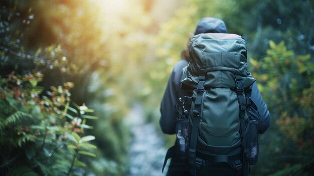 Foto um homem com uma mochila caminha por uma floresta com um riacho correndo através dela