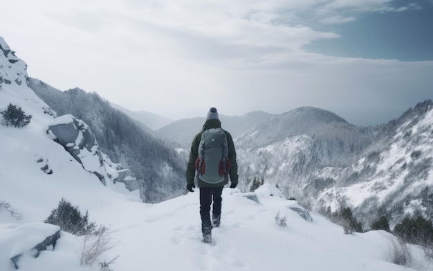 Um homem com uma mochila caminha por uma floresta de montanha nevada caminhando aventura ao ar livre gerada por ai