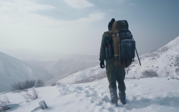 Um homem com uma mochila caminha por uma floresta de montanha nevada caminhando aventura ao ar livre gerada por ai