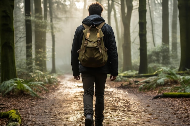 um homem com uma mochila caminhando por uma floresta