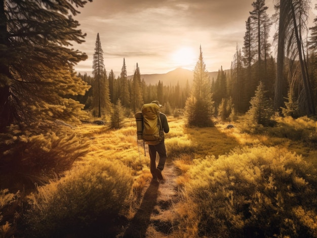 Um homem com uma mochila caminhando por uma imagem de IA geradora de campo