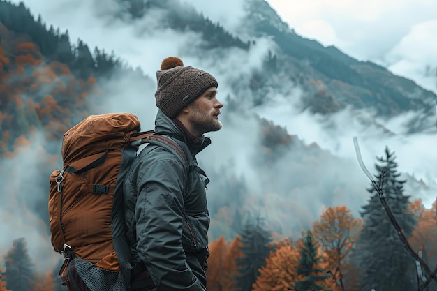 Um homem com uma mochila de pé na frente de uma montanha
