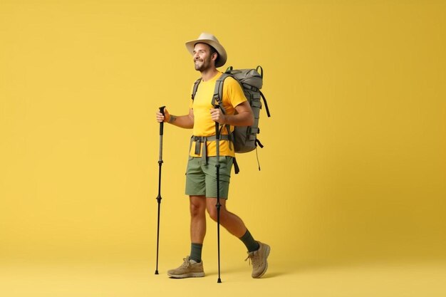 um homem com uma mochila e bastões de caminhada