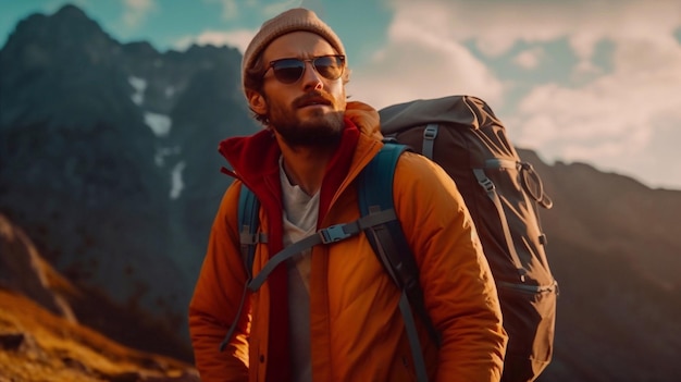 Um homem com uma mochila e óculos de sol fica na frente de uma cordilheira