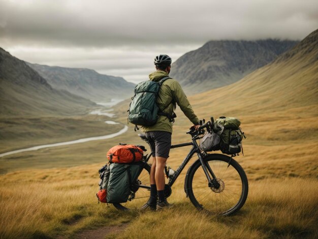 um homem com uma mochila e uma bicicleta em uma trilha na montanha olhando para um vale