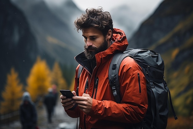 um homem com uma mochila em um casaco de chuva e chapéu vermelho fica e olha para o telefone na frente da montanha