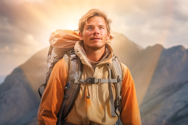 Um homem com uma mochila está em frente a uma montanha.