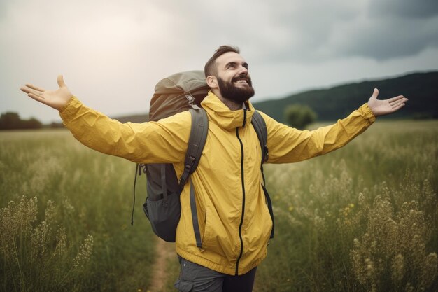 Um homem com uma mochila está em um campo com os braços estendidos.