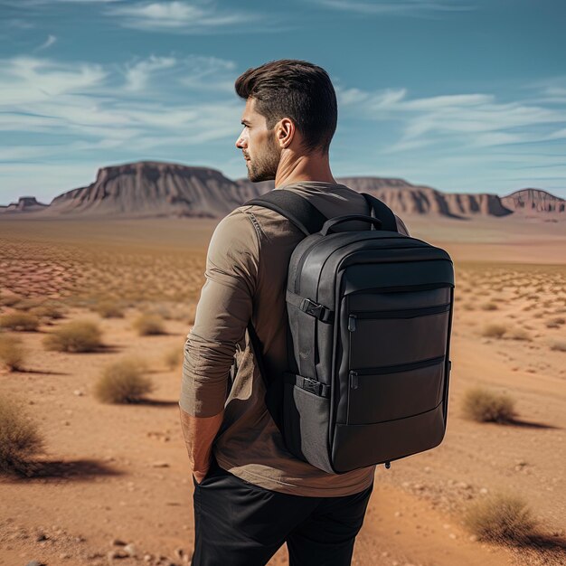 um homem com uma mochila está em um deserto com montanhas ao fundo