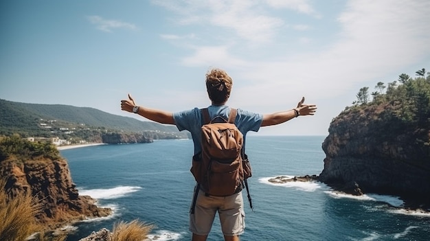 Foto um homem com uma mochila está parado no penhasco e olhando para o mar