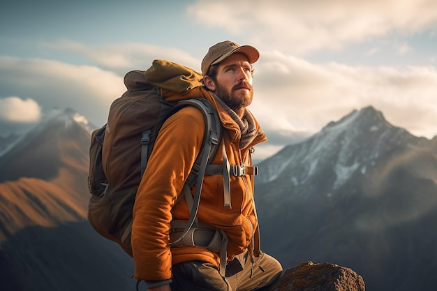 Um homem com uma mochila está sentado em uma pedra em frente a uma montanha.