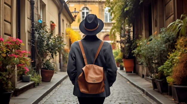 um homem com uma mochila marrom caminha por uma rua de paralelepípedos