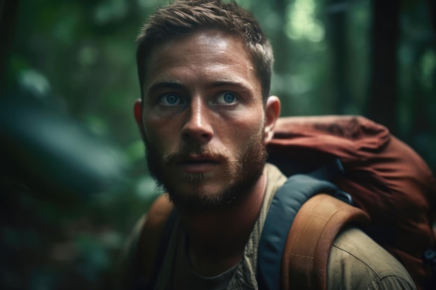 Um homem com uma mochila na selva