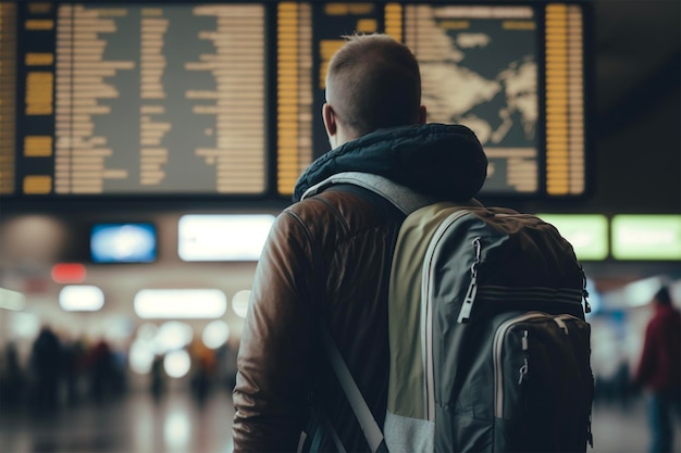 Um homem com uma mochila no aeroporto