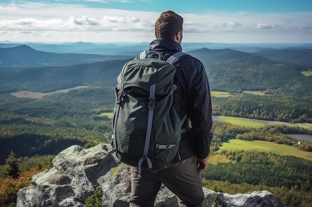 Um homem com uma mochila olhando para uma paisagem montanhosa