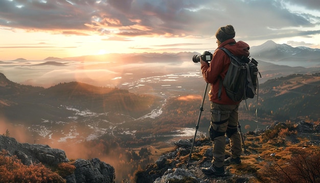 Um homem com uma mochila segurando a câmera no topo das colinas conceito para o Dia Mundial da Fotografia