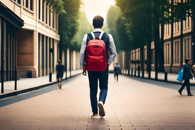 Um homem com uma mochila vermelha caminha pela rua.