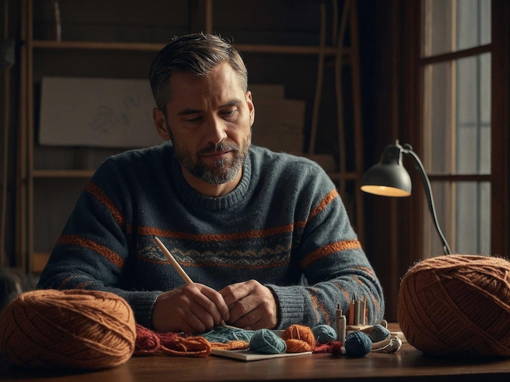 Foto um homem com uma paternidade sentado com um kit de tricô um 0_1