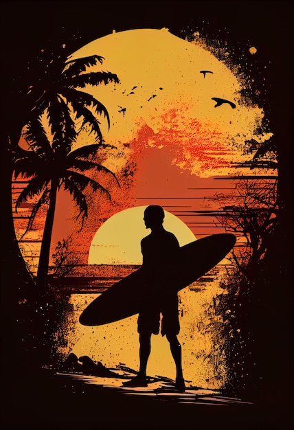 Foto um homem com uma prancha de surf está parado em frente a um pôr do sol.