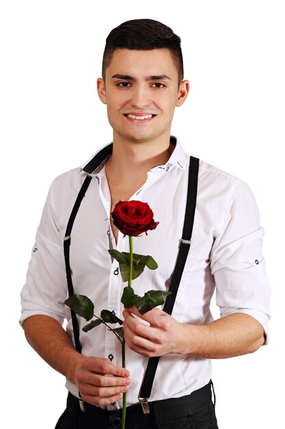 Um homem com uma rosa vermelha nas mãos. Dia dos Namorados