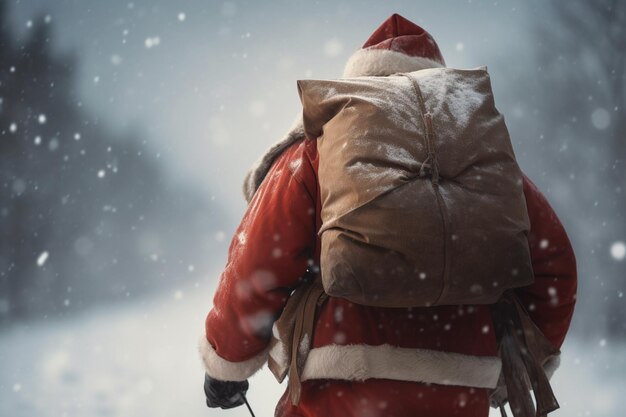 Um homem com uma roupa vermelha de Papai Noel carrega um trenó na neve.