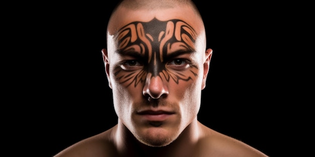 Um homem com uma tatuagem de rosto de tigre no rosto