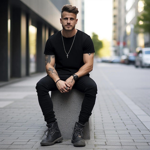 Um homem com uma tatuagem no braço está sentado numa borda de concreto.