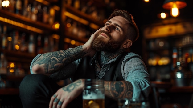 Um homem com uma tatuagem relaxa num bar.