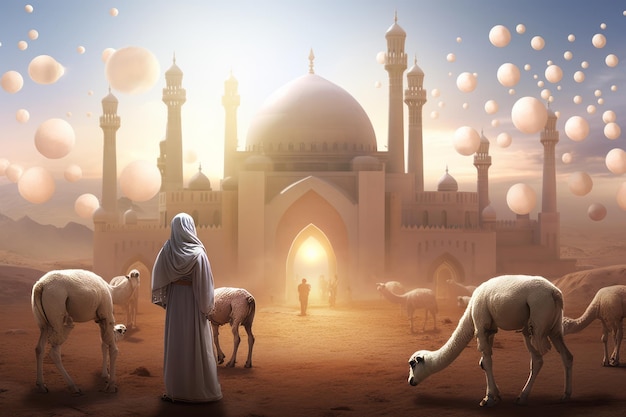 Foto um homem com uma túnica branca está em frente a uma mesquita com uma mesquita ao fundo.