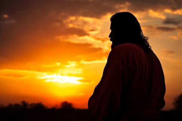 Um homem com uma túnica vermelha fica em frente a um pôr do sol com o sol se pondo atrás dele.