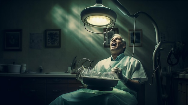 Um homem com uniforme de hospital está sentado em frente a uma lâmpada com as palavras 'médico'.