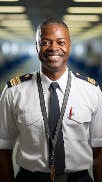 um homem com uniforme de piloto sorrindo para a câmera