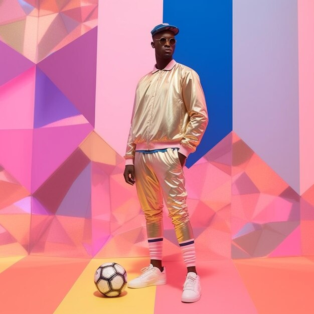 Foto um homem com uniforme esportivo fica em frente a uma parede colorida com uma bola de futebol.