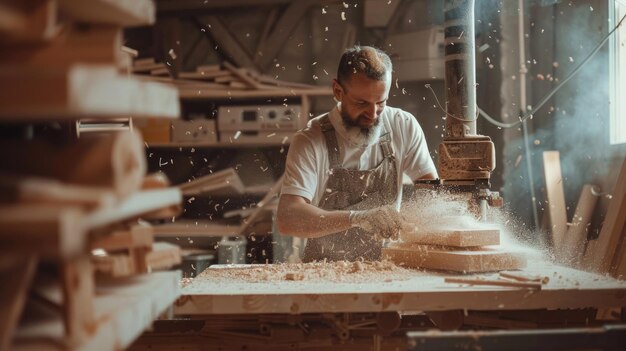 Um homem concentrado em fabricar madeira adequada para projetos de carpintaria