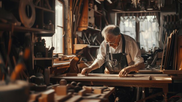 Foto um homem concentrado na fabricação de madeira em uma oficina ideal para projetos de madeira