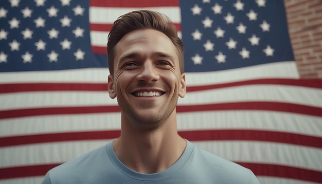 Um homem confiante está em frente a uma bandeira americana ondulante um sorriso de satisfação em seu rosto