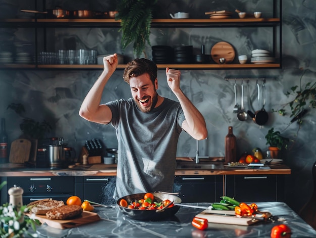 Um homem contemplativo está de pé diante de uma mesa luxuosa com um prato delicioso de comida