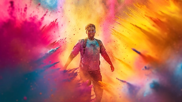 Foto um homem corre através de um pó colorido com a palavra holi nele