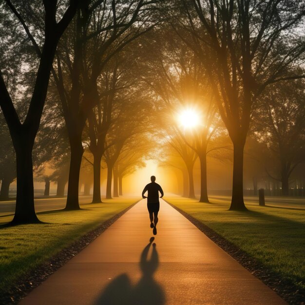 Foto um homem corre por um caminho num dia nebuloso
