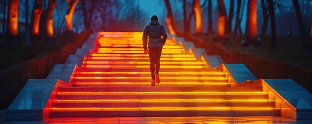 Um homem corre por uma escada brilhante depois do pôr do sol.