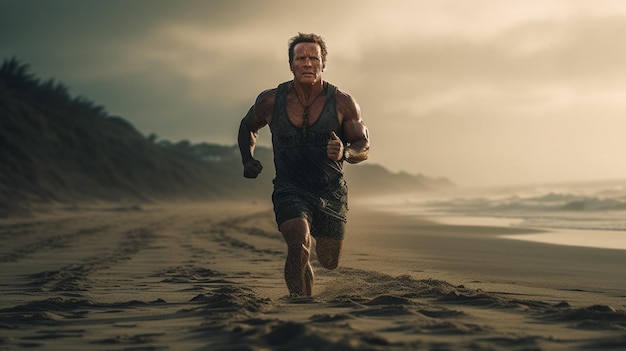 Um homem correndo em uma praia com o sol atrás dele