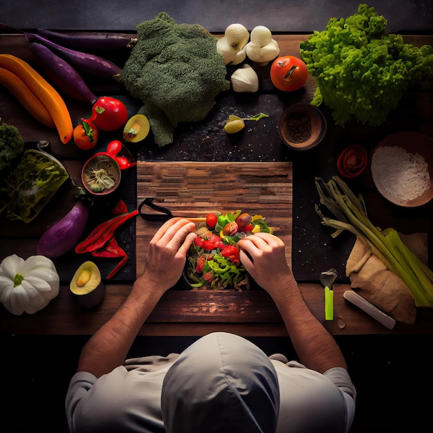 Um homem cortando legumes em uma mesa