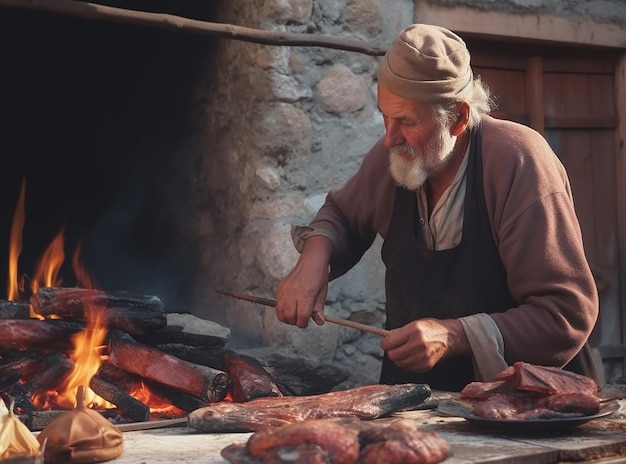 Um homem cozinha grandes pedaços de carne em um forno na aldeia