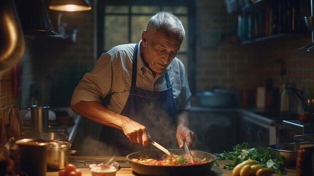 Um homem cozinhando em uma cozinha com uma luz acima dele